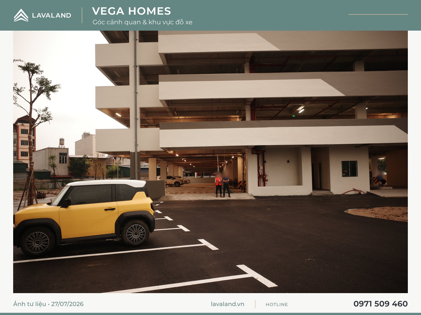 Góc cảnh quan, cây xanh và khu vực đỗ xe tại Vega Homes, ảnh tư liệu ngày 27/07/2026 với nhận diện Lavaland